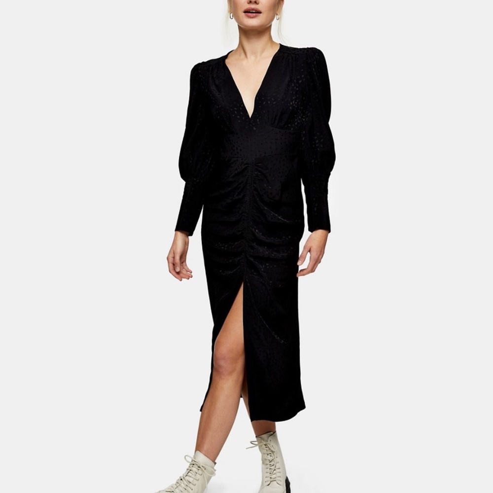 TopShop Ruched Front Jacquard Midi Dress In Black US 4 NWT